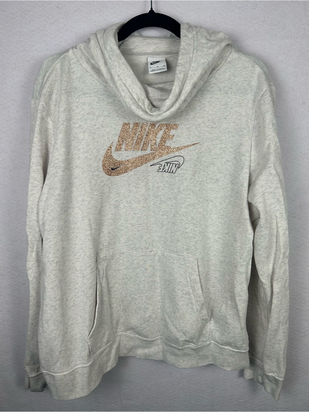 Nike Women’s Cowl Neck Hoodie Heathered Cream Gray Gold Nike Emblem Sz XL